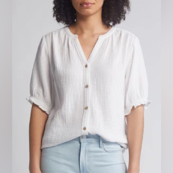 NWT BeachLunchLounge Cotton Gauze Button-Up Short Sleeve Shirt Top, Women’s M - Picture 3 of 12